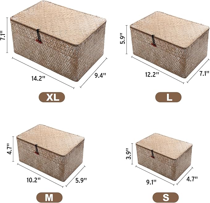 4 Pack, Wicker Baskets with Lids, Nautral Seagrass Storage Baskets, Wicker Storage Baskets for Organizing, Rustic Rectangular Storage Basket, Rattan Storage Organizer for Shelf Whitewash
