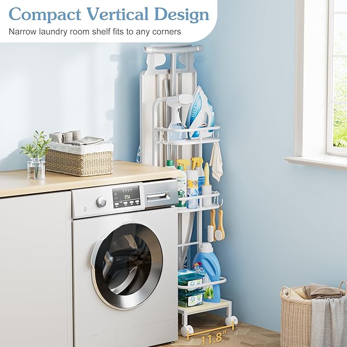 Ironing Board Hanger,Iron and Ironing Board Holder No Wall Mount,Laundry Room Organization and Storage Cart with Iron Stand,Narrow Laundry Shelves Organizer Cabinet,Laundry Room Essentials Accessories