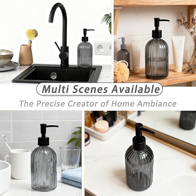 Gray Glass Soap Dispenser Set with Black Pump, 13.5oz Refillable Liquid Hand Soap Dispenser for Liquid, Shower Gel, Bathroom, Kitchen, Vanity Countertop, Laundry Room & Home Decor (2 Pack)