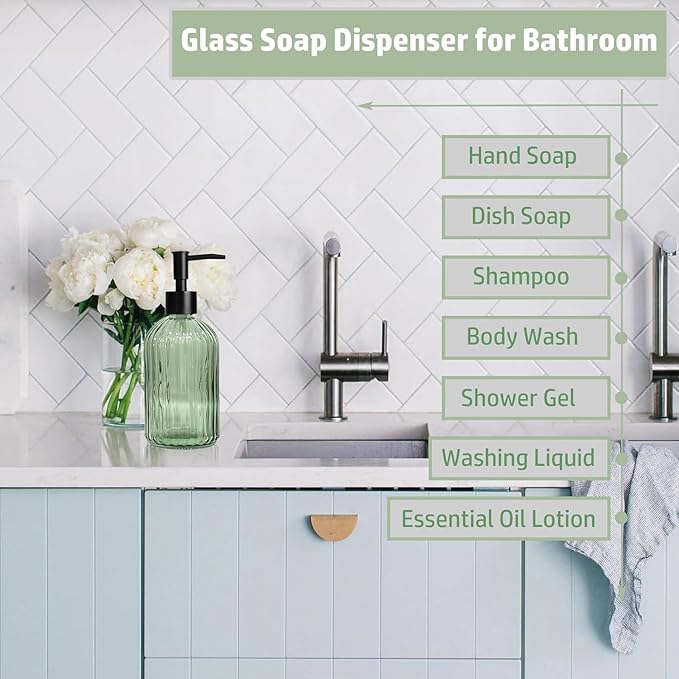 14 Oz Black Pump Glass Soap Dispenser, Green Stripe Countertop Refillable Liquid Bottle Hand Dish Lotion Dispenser with Plastic Pump, for Kitchen, Bathroom, 2 Pack