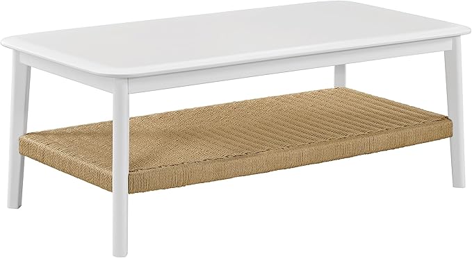 Alaterre Furniture Calais Modern Coffee Table for Living Room - 48 Inch 2-Tier Wooden Rectangular Living Room Table with Woven Storage Shelf - Mid Century Modern Furniture (White)