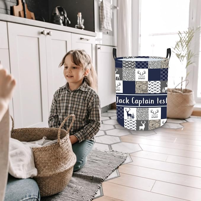 Personalized Name Laundry Basket for Kids Adults, Custom Woodland Deer Laundry Baskets for Toddler Boys Girls, Baby Laundry Hamper, Collapsible Clothes Storage Organizer