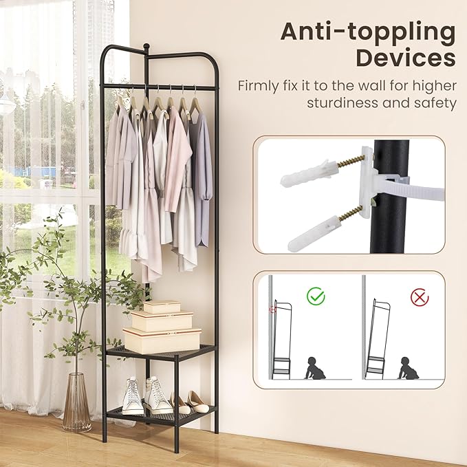 Tangkula Corner Coat Rack with Storage, Simple Hall Tree with Hanging Rod & 2 Mesh Shelves, Anti-toppling Devices, Freestanding Metal Clothes Rack Shoes Shelf Organizer for Entryway Bedroom (Black)