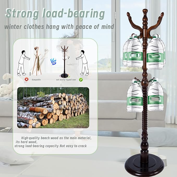 Coat Rack Freestanding,Solid Wooden Coat Rack Stand with 3 Height Options,14 Hooks, Natural Birch Coat Tree Easy to assemble for Clothes Jacket Hat bag Entryway (mahogany) (retro round)