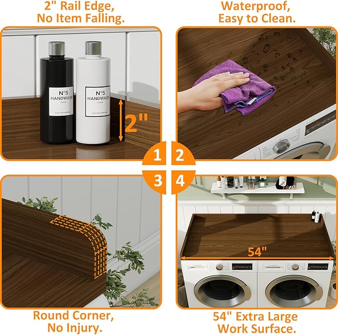 Washer Dryer Countertop, 54" Width * 27.4” Depth Washer and Dryer Covers for The Top for Laundry Room Organization, Washer and Dryer Countertop Shelves, Walnut