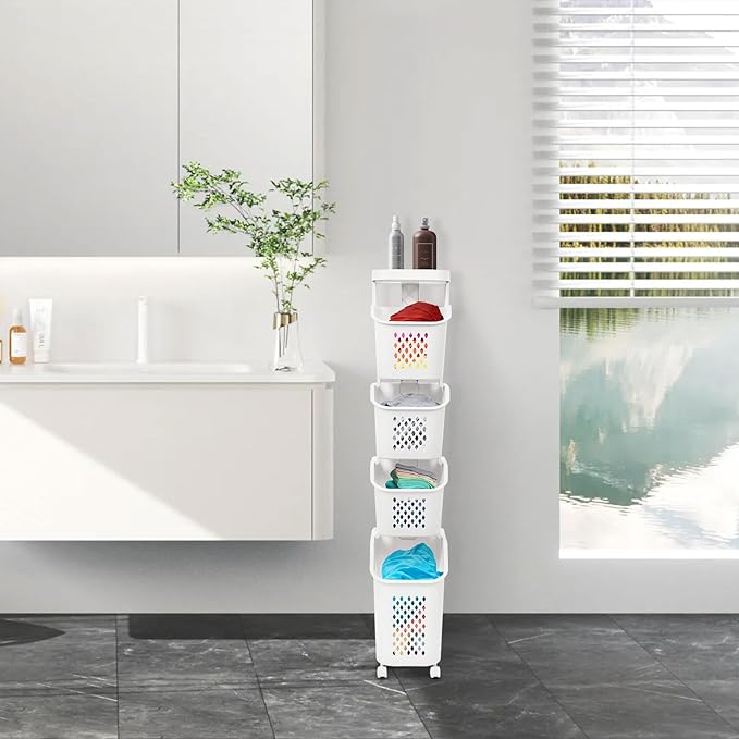 4-Tier Rolling Laundry Hamper, Plastic Laundry Cart Organizer with Wheels, Compact Laundry Baskets, Vertical Rolling Laundry Sorter for Small Space, Dorm, Bathroom