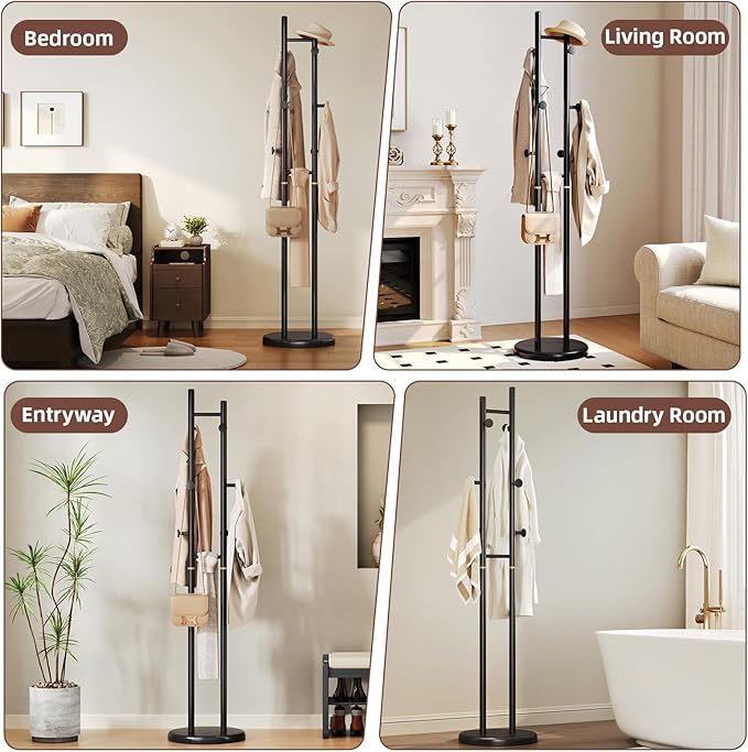 CozyDH Coat Rack Wooden Freestanding - Wood Coat Rack Freestanding Heavy Duty, Wooden Coat Stand with 6 Hooks Creative Look for Entryway, Hallway, Bedroom (Black)