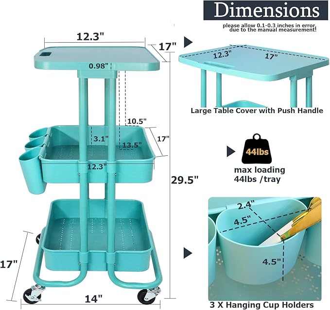3 Tier Rolling Cart with Table Top Small Storage Utility Cart on Wheels School Offices Supplies Mobile Cart with 3 Organizer Cups, Metal Frame w/Plasitc Trays(Teal)