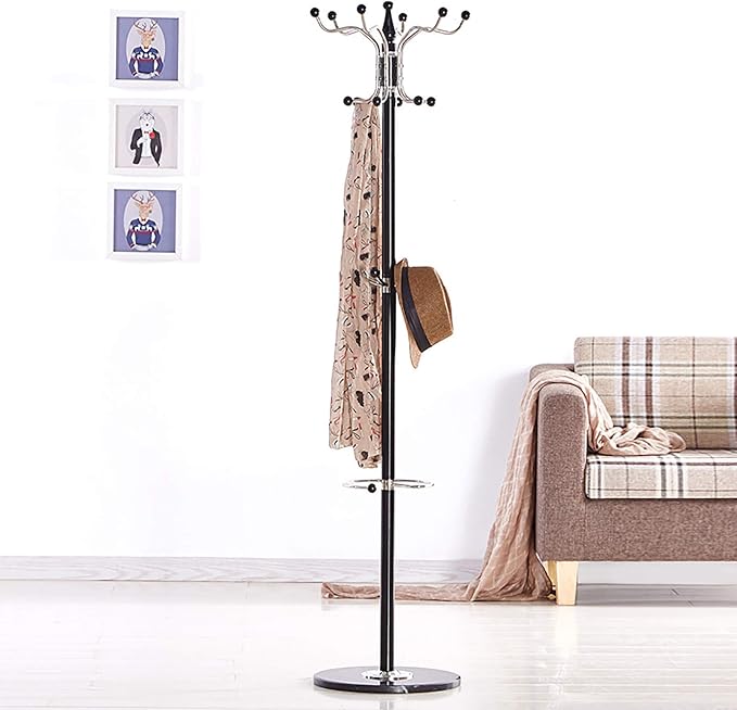 67" Metal Coat Rack Stand with Natural Marble Base, Free Standing Hall Tree with 16 Hooks for Hanging Scarf, Bag, Jacket, Home Entry-way Hat Hanger Organizer (Black)