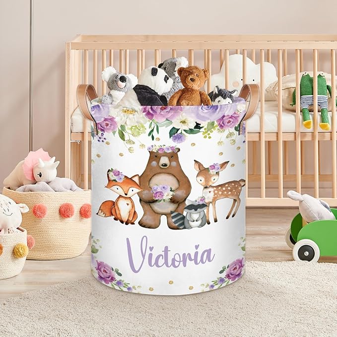 Personalized Laundry Basket, Custom Gift Laundry Hamper, Collapsible Nursery Waterproof Laundry Baskets, Dirty Clothes Toy Hamper with Handles Purple Floral Animals Cute