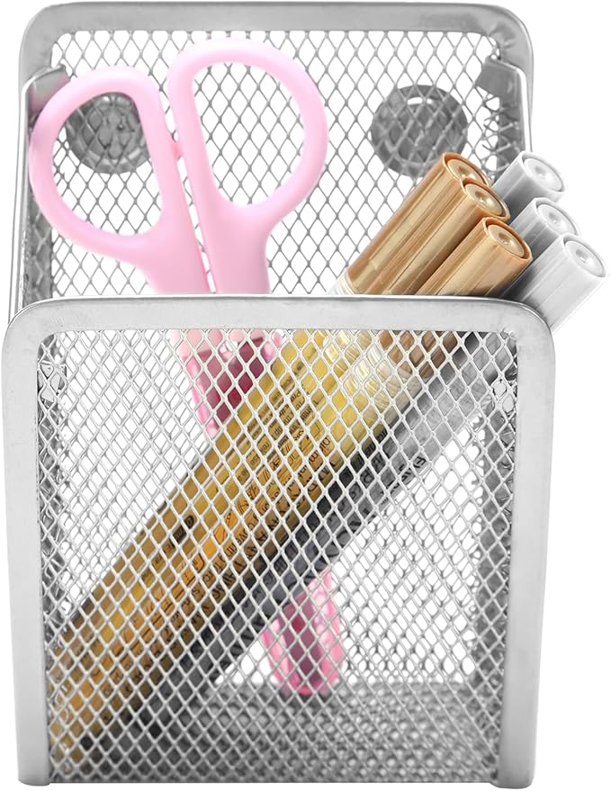 Magnetic Pencil Holder,Mesh Stainless Steel Pen Basket, Metal Writing Utensil Storage Organizer for Whiteboard,Blackboard,Kitchen, Locker, Home, or Office