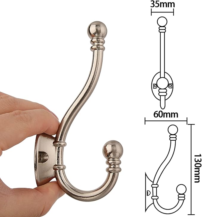 HASWARE 6 PCS Double Prong Robe Hook, Large Dual Coat Hooks with 12 Pieces Screws Wall Mounted Hooks Robe Antique Hooks Hangers Heavy Duty for Home Coats Hat Clothes Hanger Towel Keys (Satin Nickel)