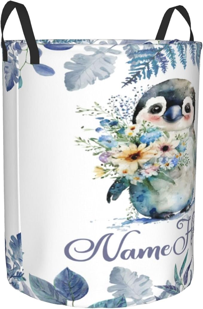 Personalized Penguins Laundry Basket For Baby Kids Boys Girls Adult Custom Hamper Basket With Name For Bathroom Bedrooms Collapsible Baby Laundry Basket, Dirty Clothes Hamper With Handles
