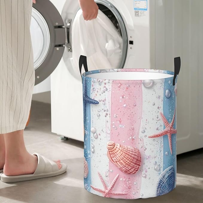 Ocean Seashell And Starfish Print Laundry Basket For Storage Bins Gift Baskets Bedroom Clothes Hamper
