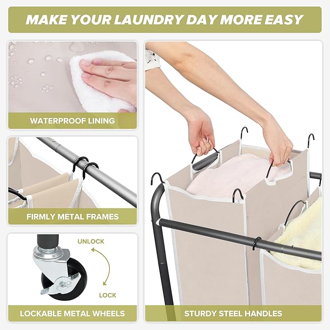 Laundry Sorter Hamper with Wheels, Heavy-Duty Laundry Sorter Rolling Cart, Lockable Wheels and Removable Bags, 4 Sections, Beige