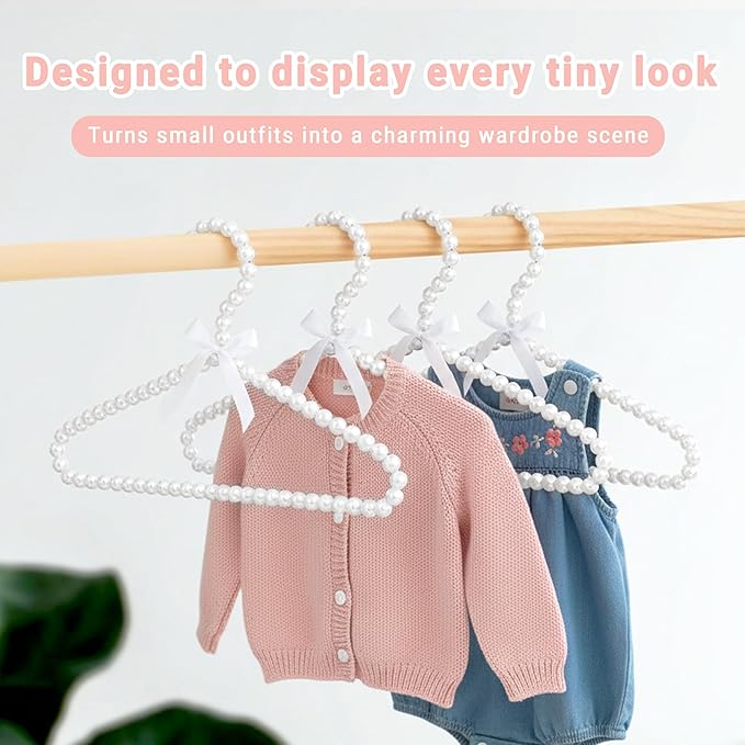 5-Pack Kids Pearl Hangers - Small Non-Slip Pearl Beaded Bow Clothes Racks - Elegant Garment Organizer for Pet Apparel (30cm, White)