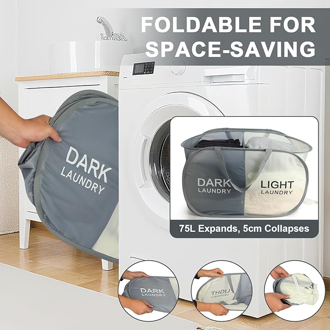Seefoo 2-Section Collapsible Laundry Baskets, Dual Compartment Foldable Pop Up Hamper with Handles, Dark/Light Labels for Sorting, Compact & Lightweight for Laundry Room, Bedroom, Dorm, Bathroom