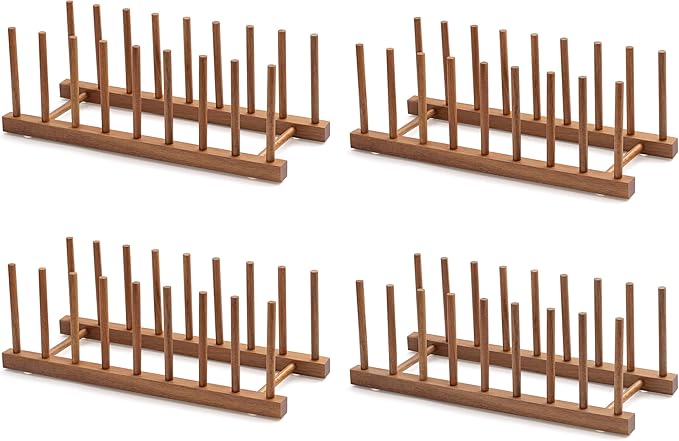 HBlife 4pcs Acacia Wooden Dish Dying Rack Pot Lid Plate Organizer Holder for Cabinet, Cutting Board Stand Drainer Storage Plate Rack for Dish, Pot Lid, Bowl, Cup, Cutting Board and Books