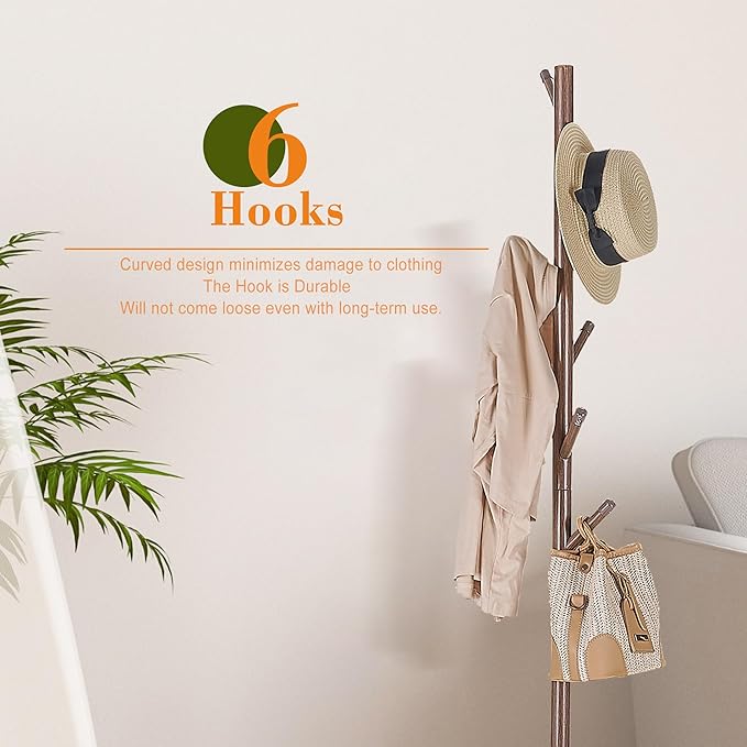 VECELO Coat Rack Freestanding, Entryway Hanger Stand, Umbrella Holder, Hall Tree With Hooks, Floor Standing Metal Tree Stand,Walnut, Medium-sized