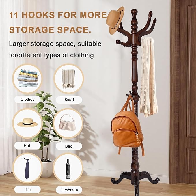 Solid Wood Coat Rack, Free Standing Hall Coat Tree with 11 Hooks, 2 Height Options, 270lbs Load, Stury Base, Clothes Rack for Entryway, Hallway, Bedroom (Tri-legged Base - Dark Brown)
