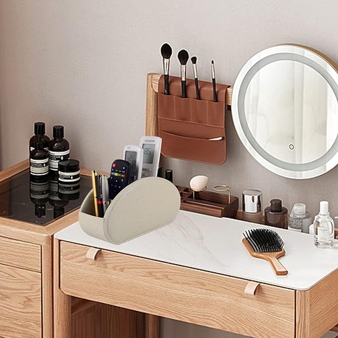 Remote Control Holder,TV Remote Caddy/Box with 5 Compartments,Bedside Table Organizer for Controller,Glasses,makeup brushes,jewelry and Media Player,Pen/Pencil Storage (Cream)