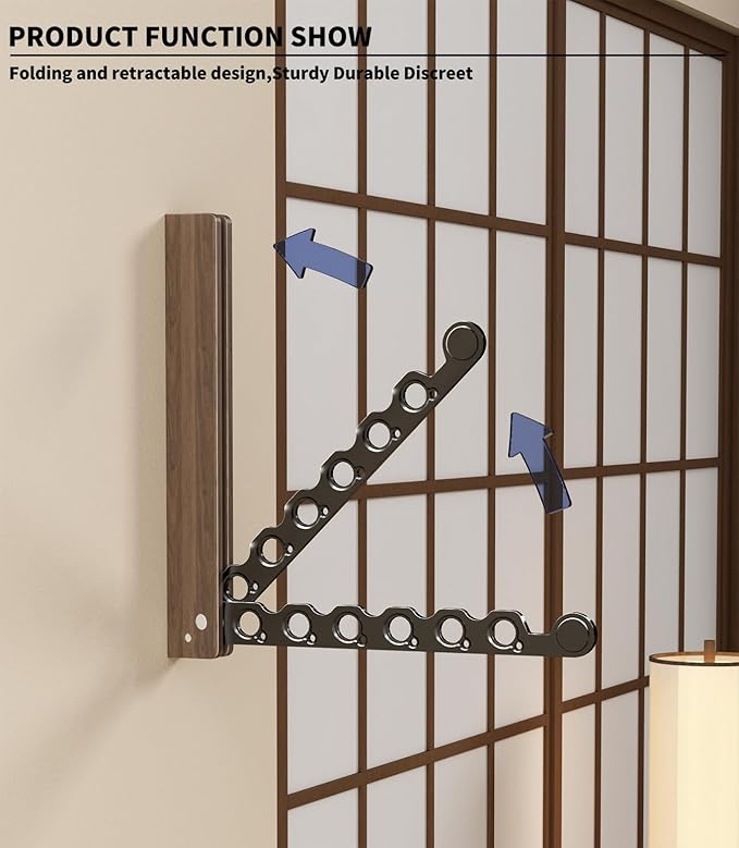 Natural Wood Folding Clothes Hanger Rack for Laundry Room, Wall Mounted Clothes Drying Rack, Laundry Drying Rack Foldable, Perfect for Small Spaces, Walnut Wood Black