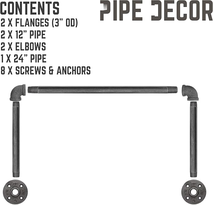 PIPE DECOR Industrial Pipe Wall Mounted Clothing Rack. Heavy Duty Rustic Vintage Steel Grey Black Metal