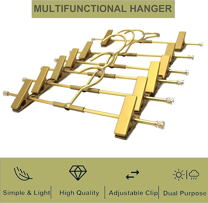 Pants Hangers Gold Aluminum Skirt Hanger 2-Adjustable Clips Heavy Duty Clothes Hangers Space Saving Durable Hanger 11.8" Closet Organizer for Pant,Pack of 10