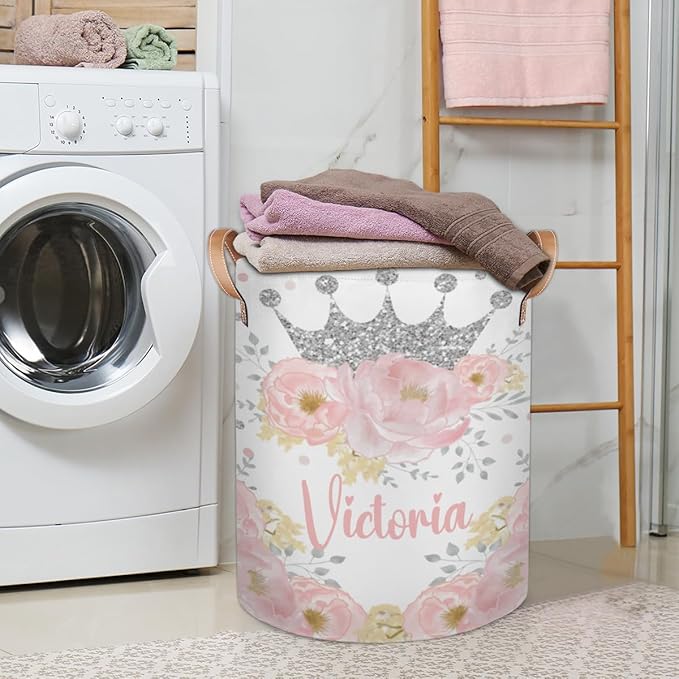Personalized Laundry Basket, Custom Gift Laundry Hamper, Collapsible Nursery Waterproof Laundry Baskets, Dirty Clothes Toy Hamper with Handles Floral Silver Crown