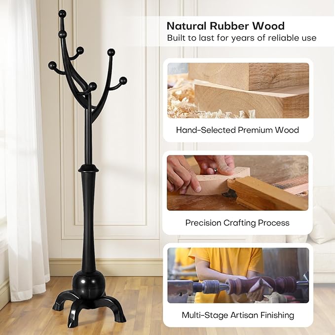 Wooden Coat Rack Freestanding with 8 Hooks, Heavy Duty Coat Hanger Stand with Stable Base, Vintage Coat Tree Standing Coat Racks for Entryway, Hallway, Bedroom (Black)