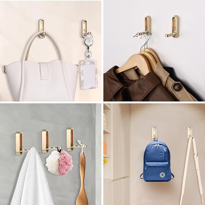 Folding Wall Hooks, 4 Pcs Foldable Gold Coat Hooks Heavy Duty Foldable Hook Bathroom Towel Hooks Robe Hooks Wall Mounted for Hanging Coat Towels Clothes Hat Bags Keys