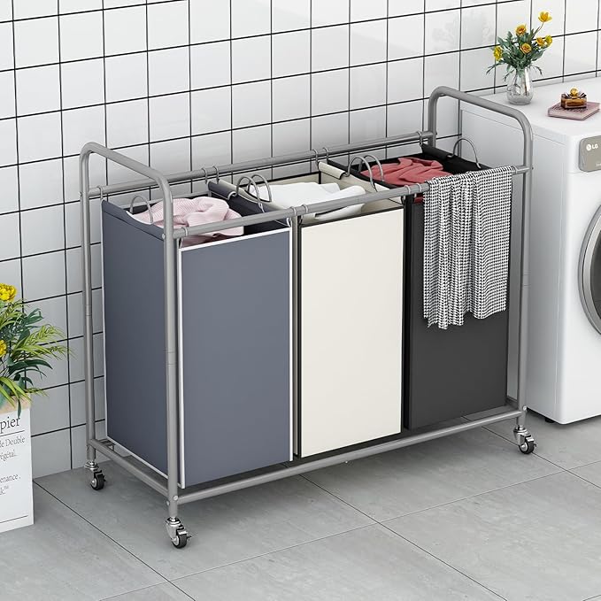 LINZINAR 3-Bag Laundry Basket Sorter Laundry Hamper Cart with Heavy Duty Rolling Lockable Wheels and Removable Bags (Assorted)