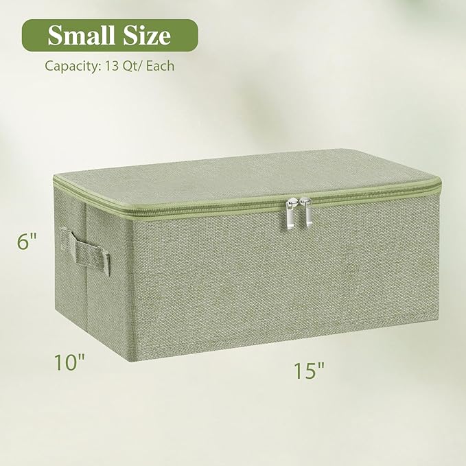 ANMINY Storage Bins with Zipper Lids 13 Qt Lidded Fabric Storage Boxes Baskets Cubes with Handles Collapsible Washable Cotton Linen Closet Shelf Clothes Organizer Containers - Green, Small