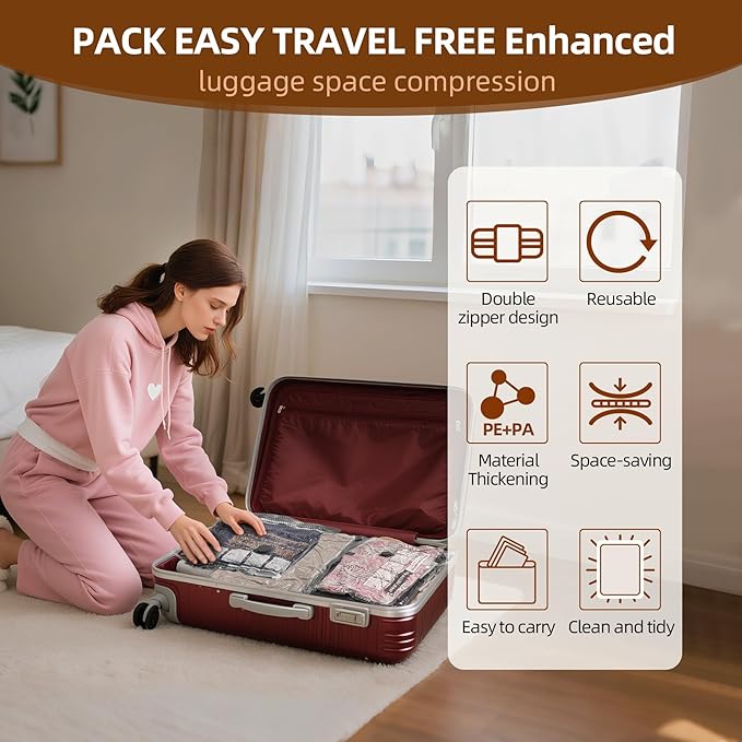 12 Pack Travel Vacuum Bags for Clothing,Compression Seal Packing Cubes for Luggage Suitcase Backpack,Carry-on Size Space Saver Storage Bags 80% Space Saver for travel,outdoor and home use.