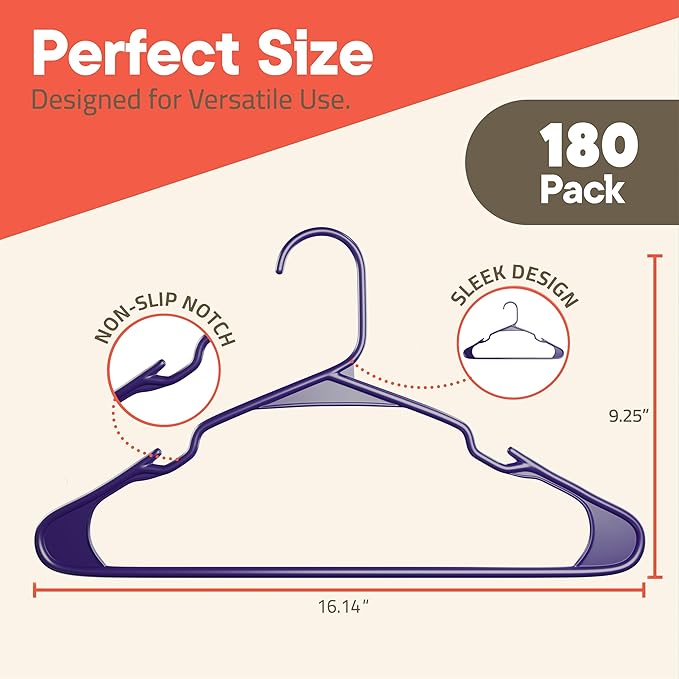 Purple Plastic Hangers 180 Pack– Heavy-Duty Plastic Hangers Slim and Space-Saving, Durable and Lightweight with Non-Slip Shoulder Notches for Slip Dresses, Suits, Jackets & Camisoles