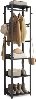 VASAGLE Coat Rack, Freestanding Hall Tree with Shelves, Hanging Rail, and Hooks, Space-Saving Coat Stand, Steel Frame, for Clothing, Bags, Hats, Ink Black and Charcoal Gray URCR061BD03