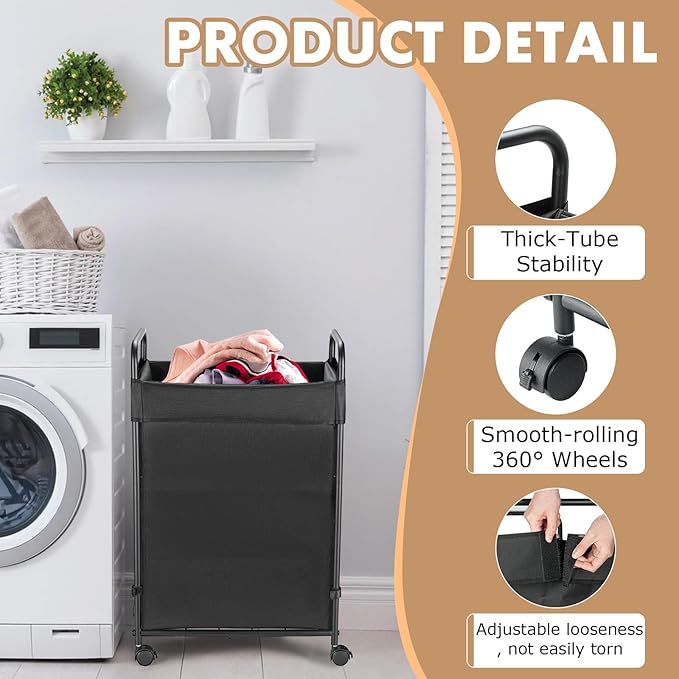 100L Laundry Hamper with Wheels, Rolling Laundry Sorter Cart with Metal Frame and Removable Liner, Dirty Clothes Hampers for Bedroom, Laundry Room, Bathroom