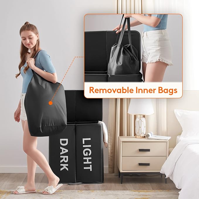 Lifewit 136L Double Laundry Hamper with Lid and Removable Laundry Bags, Large Divided Hamper, Collapsible 2 Section Laundry Basket with Handles for Bedroom, Bathroom, College Dorm, Laundry Room, Black