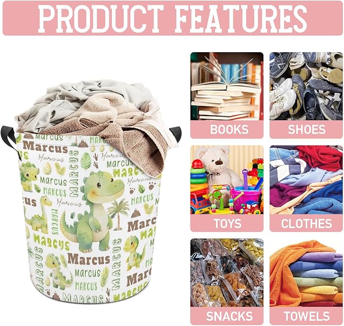 Dinosaurs Laundry Basket,Personalized Laundry Hamper for Boys Girls,Custom Laundry Basket With Name, Customized Dirty Clothes Hamper for Bathroom Bedrooms,M-19.5"X 15.7"