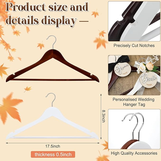 2 Pack Bride and Groom Wedding Hanger Set with Ribbon Bow Wooden Dress Suit Hanger Gift for Wedding Bridal Party Photo Decor(Brown, White,Flower)