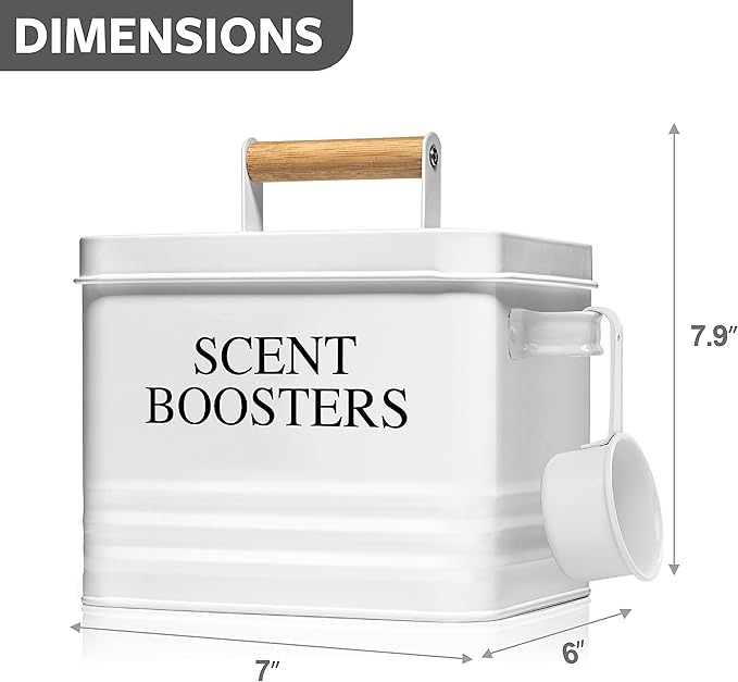 Calindiana Modern Farmhouse Metal Laundry Scent Booster Beads Dispenser Container with Scoop for Laundry Room Decor and Accessories and Space Saving Laundry Room Organization and Storage, White