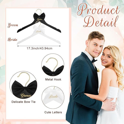 2 Pcs Bride Hanger and Groom Wedding Wooden Hanger with Letter and Bow Tie for Tuxedo Suit Bridesmaid Bridal Wedding Gift Bridal Party Shower (Classic)