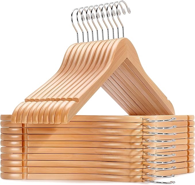 Amber Home 20 Pack Natural Wooden Shirt Hangers, Premiun Wood Coat Hangers Without bar, Clothes Hangers for Jacket, Bridal (Natural, 20)