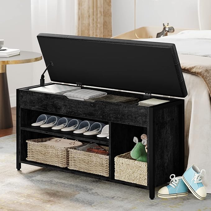 Shoe Bench, Lift Top Shoe Storage Bench, Adjustable Shelf Entryway Bench, Metal and Wood Shoe Rack Organizer with Cushion for Entry, Bedroom, Closet, Living Room, Hallway (Black, 35.5" W)