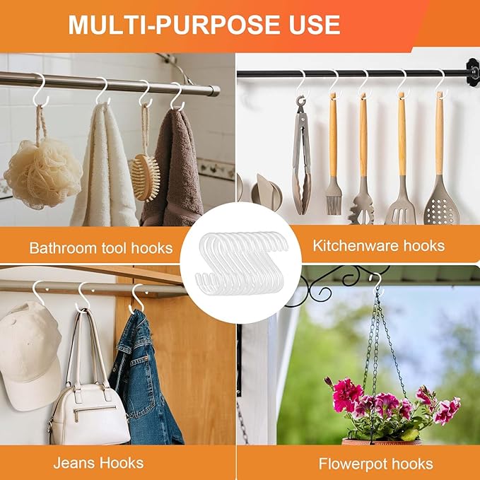 HiGift 12 Pack 3 Inch White S Hooks, Non Slip Vinyl Coated S Hooks for Hanging Plants, Metal Rubber Coated Closet S Hook for Hanging Plant Jeans Clothes Kitchen Pot Pan Cup Towels Bags