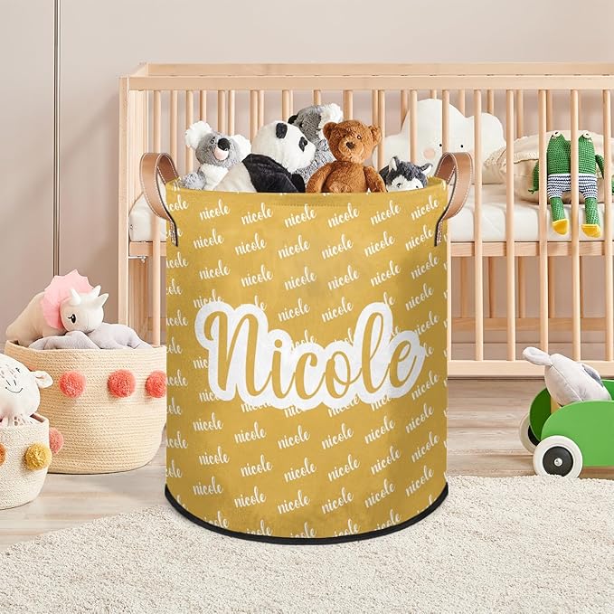 Custom Name Laundry-Hamper, Personalized Yellow Kids-Clothes-Hamper Foldable with Name, Customized Storage Basket with Handles Waterproof Gift for Boys Girls Baby Women