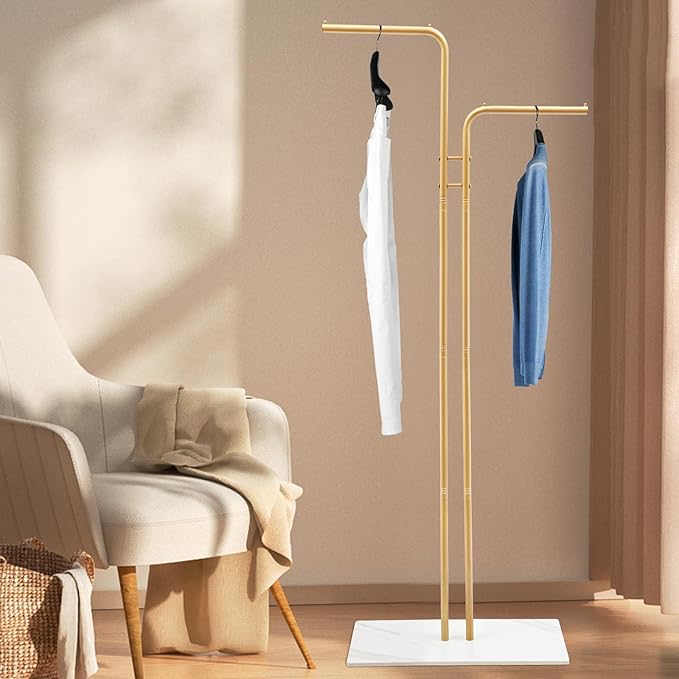 67in-Gold Clothing Rack with Base, Double Rod Freestanding Coat Rack Hanging Clothes, Bags, Hat and Shoes for Entryway Bedroom Garment Organizer, Clothing Stores Boutique Retail, Studio