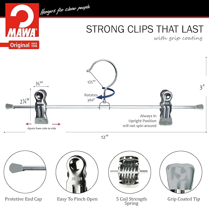 Mawa by Reston Lloyd Space-Saving Metal Pant/Skirt Hanger, Strong and Adjustable Pant Clips, Silver Set of 300