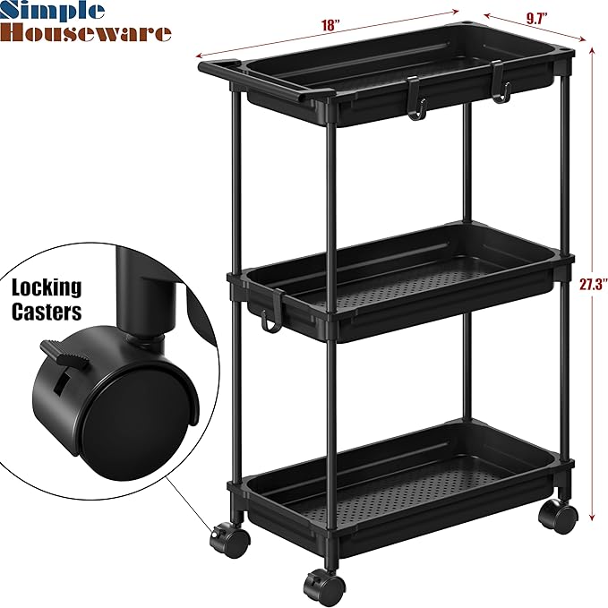SimpleHouseware Standard 3-Tier Slim Rolling Storage Cart, Black