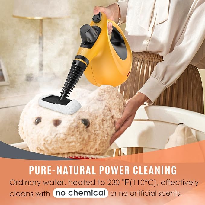 Pressurized Handheld Multi-Surface Natural Steam Cleaner with 12 pcs Accessories, Multi-Purpose Steamer for Home Use, Steamer for Cleaning Floor, Upholstery, Grout and Car (Orange)